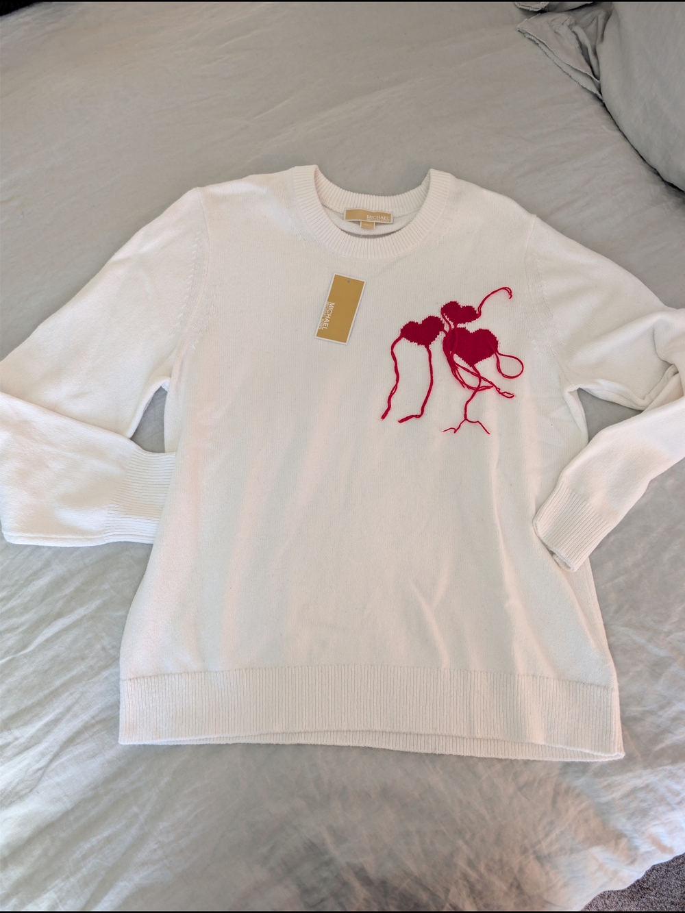 Michael Kors White Crewneck Sweater with Red Embroidered Hearts XL NWT